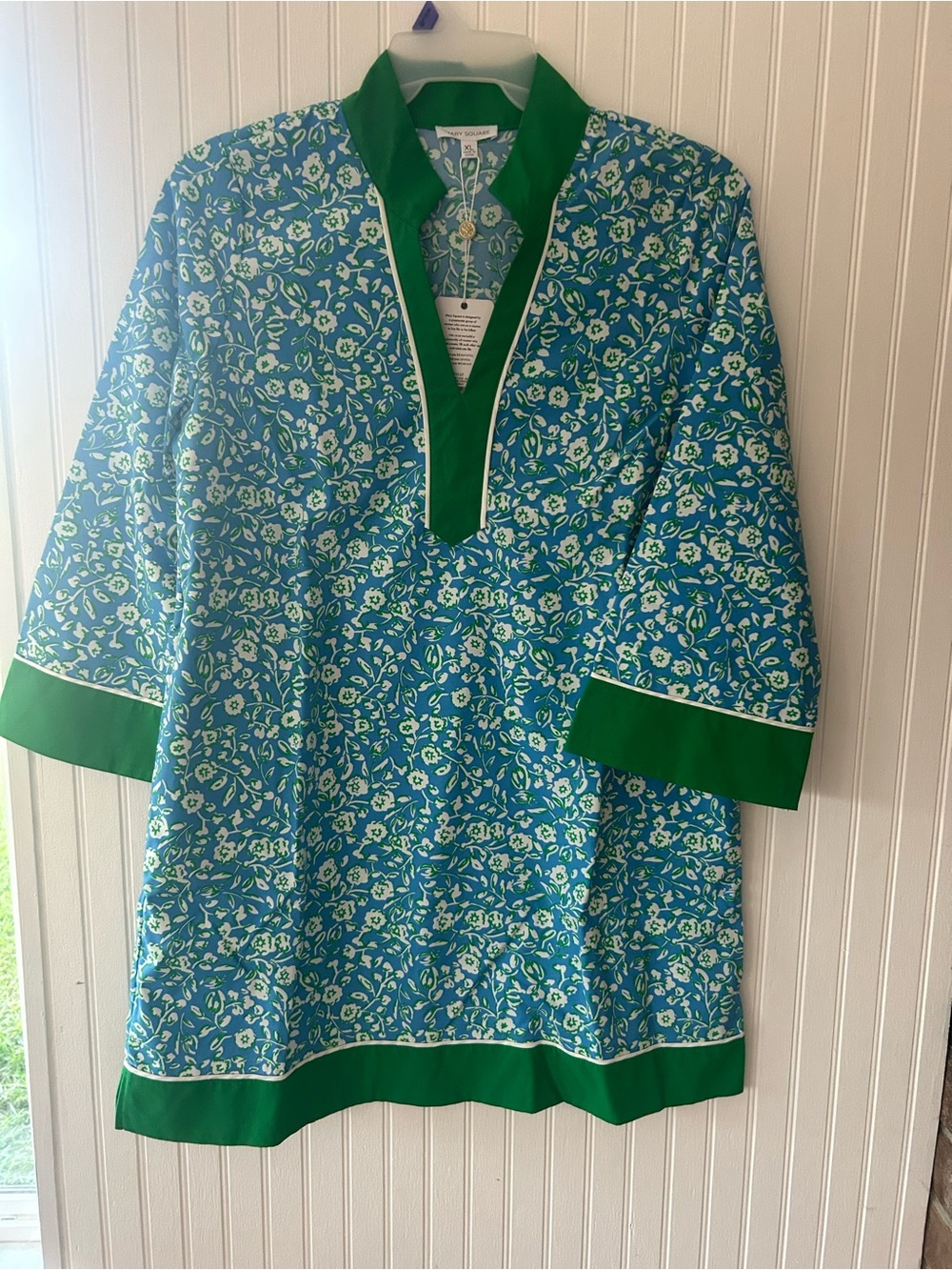 Mary Square Blue & Green Floral Tunic Dress with Green Trim